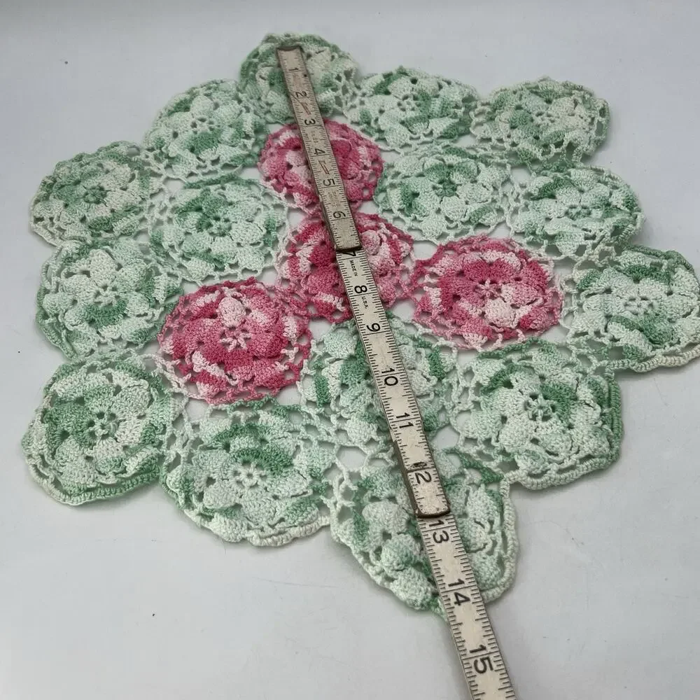 Vintage Hand Crocheted Doily Pink Green Flower Round 14